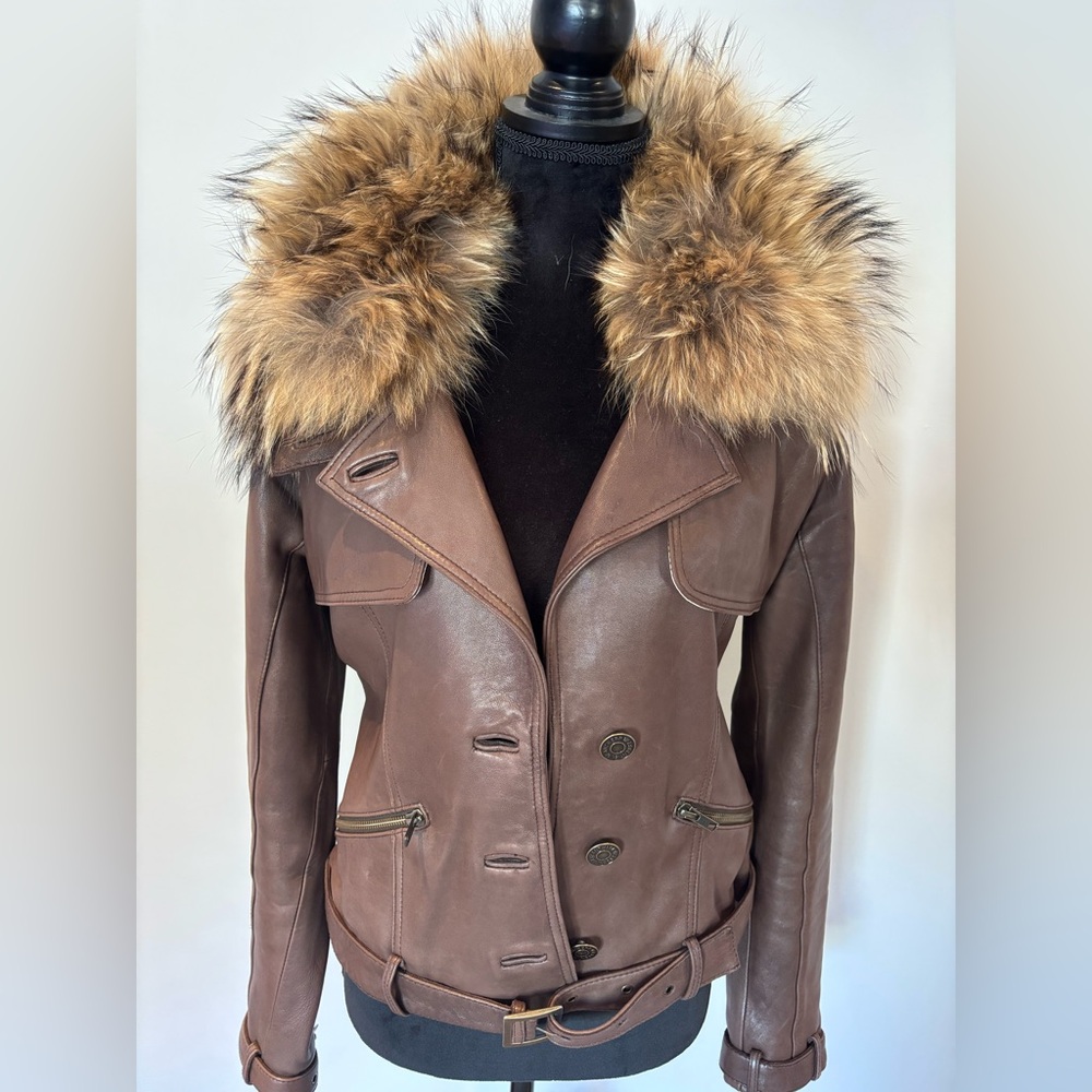 Luxurious Brown Leather Jacket with Fur Trim, by Essential Antwerp, size 38